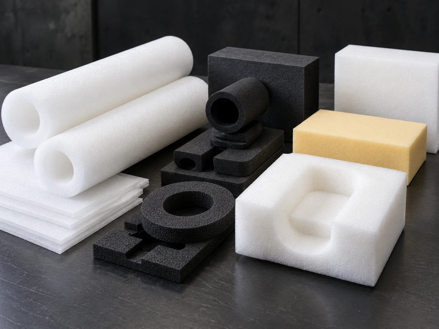 Illustrative collection of foam tubes, sheets, gaskets and shaped samples