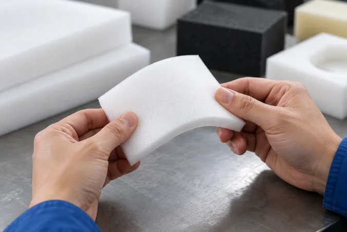 Hands reviewing a flexible foam sample, illustration
