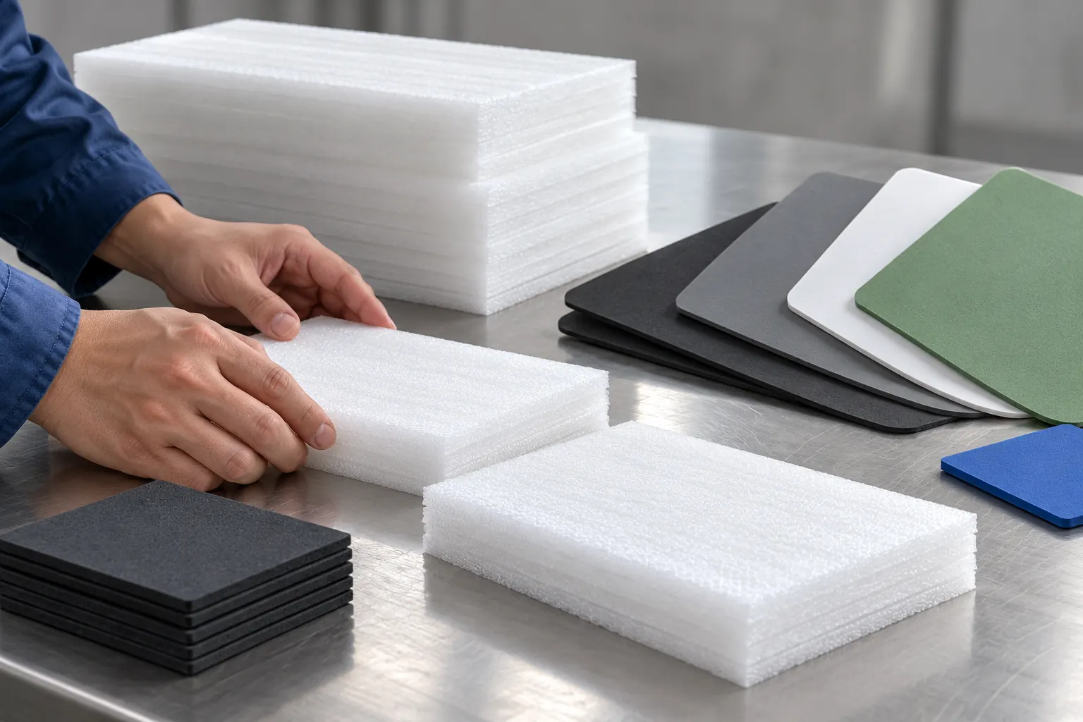 Illustration of hands preparing white foam sheets alongside colored material samples