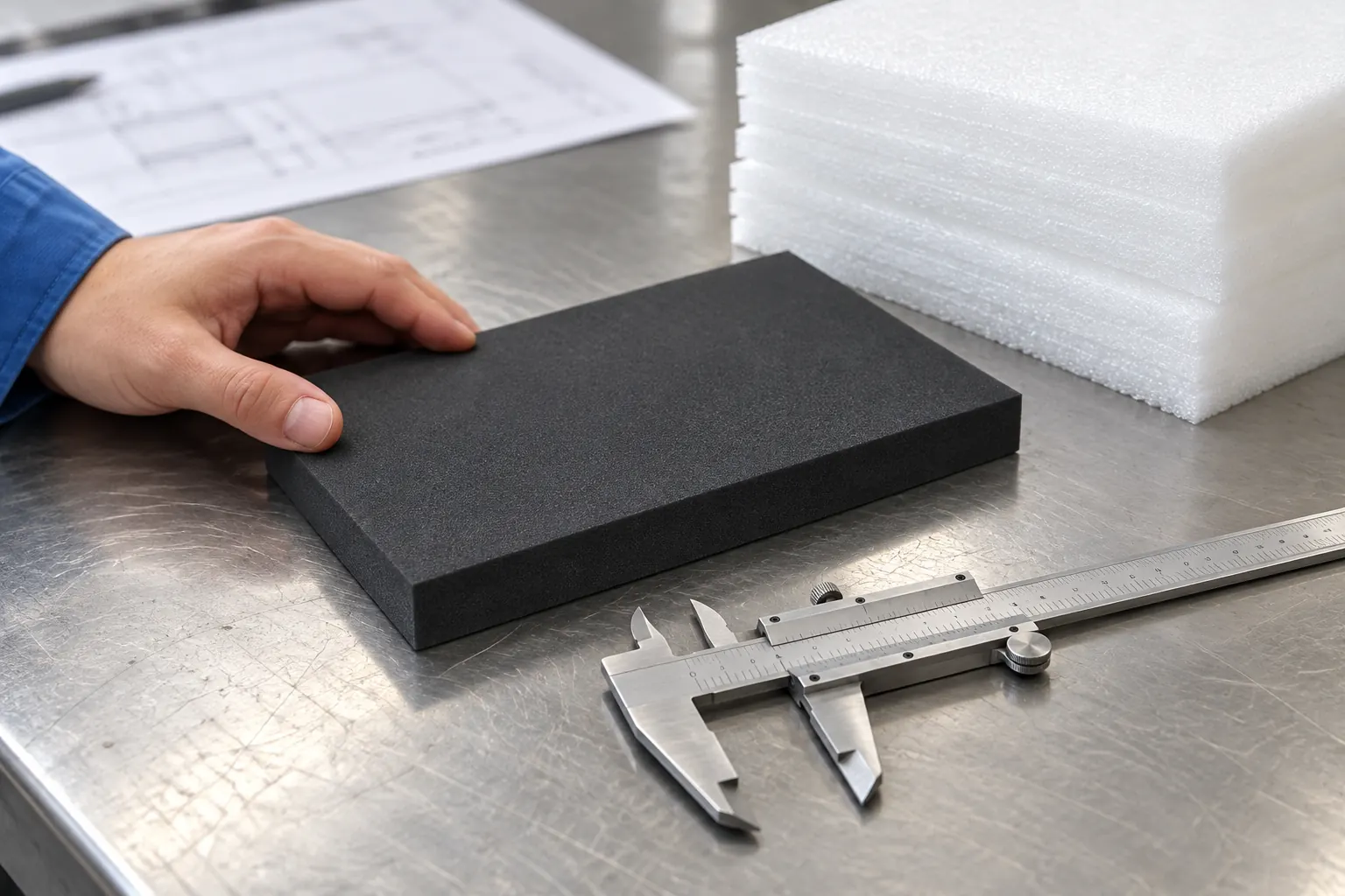 Process illustration of a black foam sample being reviewed beside white sheets and a caliper
