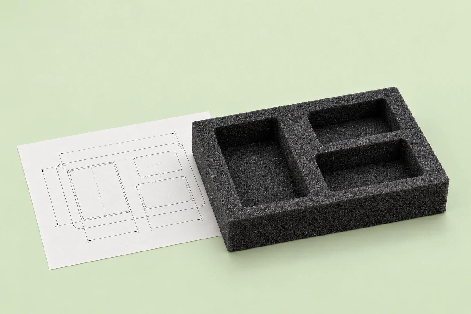 Foam insert beside a technical drawing