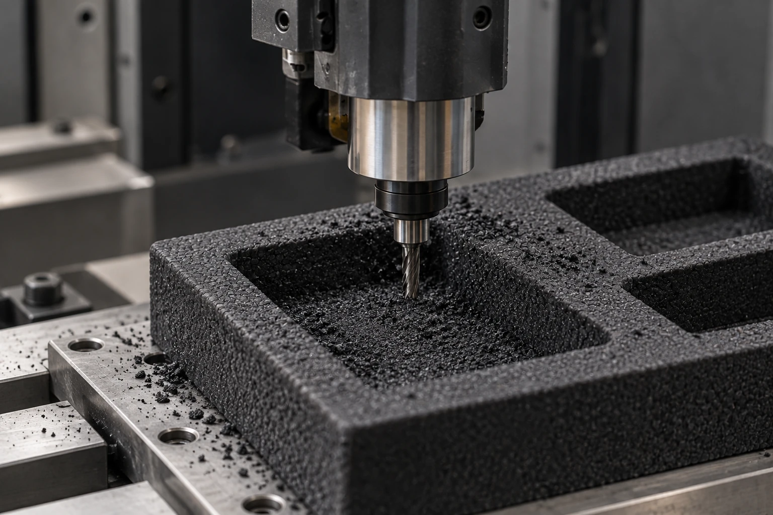 Machine tool processing a shaped black foam sample
