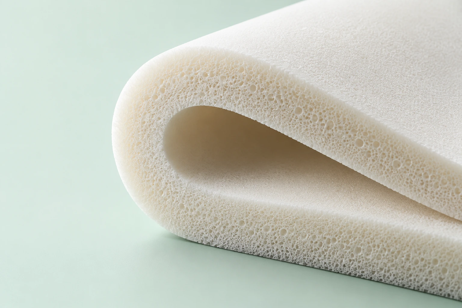 Curved white cushioning foam on a pale mint background