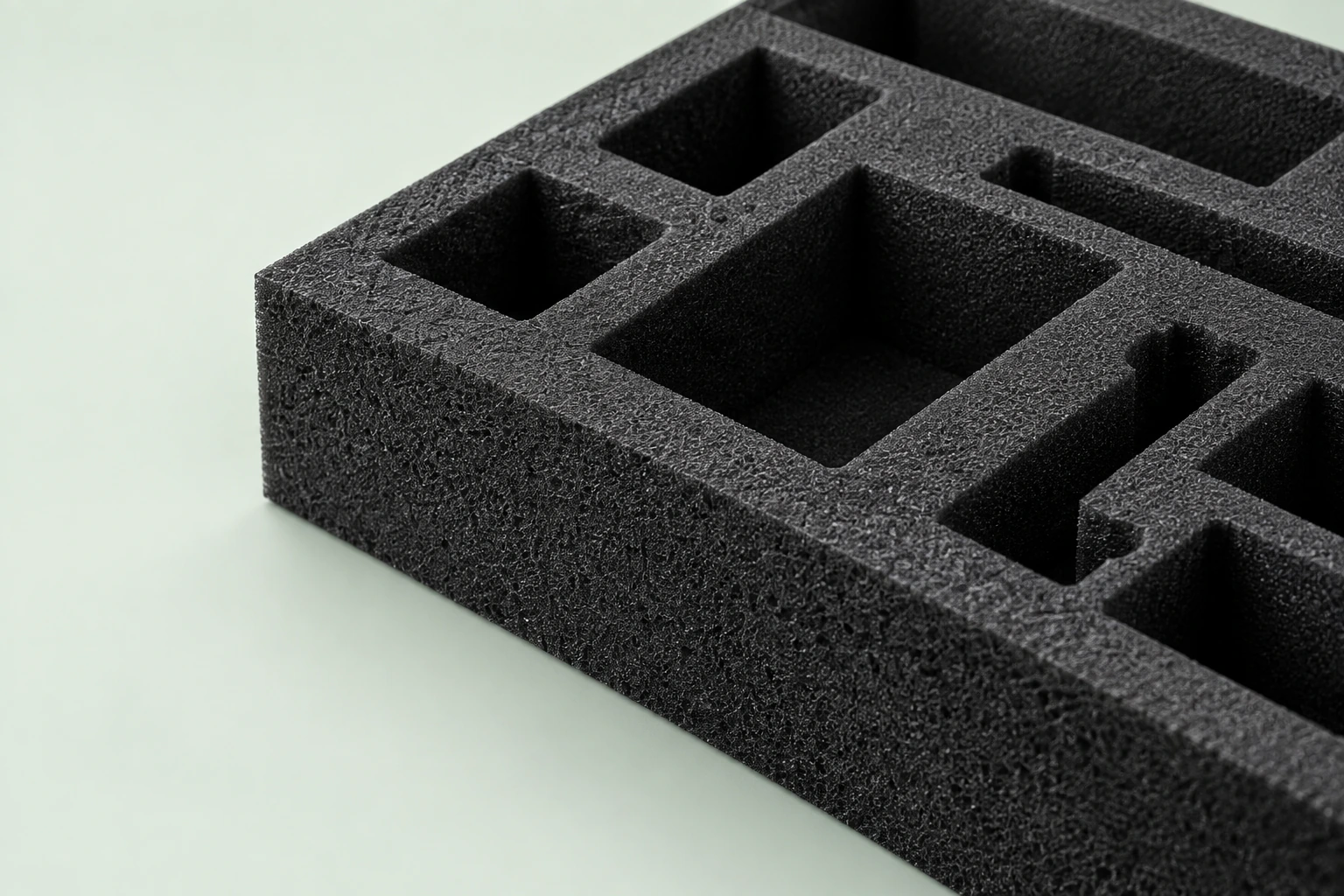 Black shaped foam packaging insert on a pale sage background