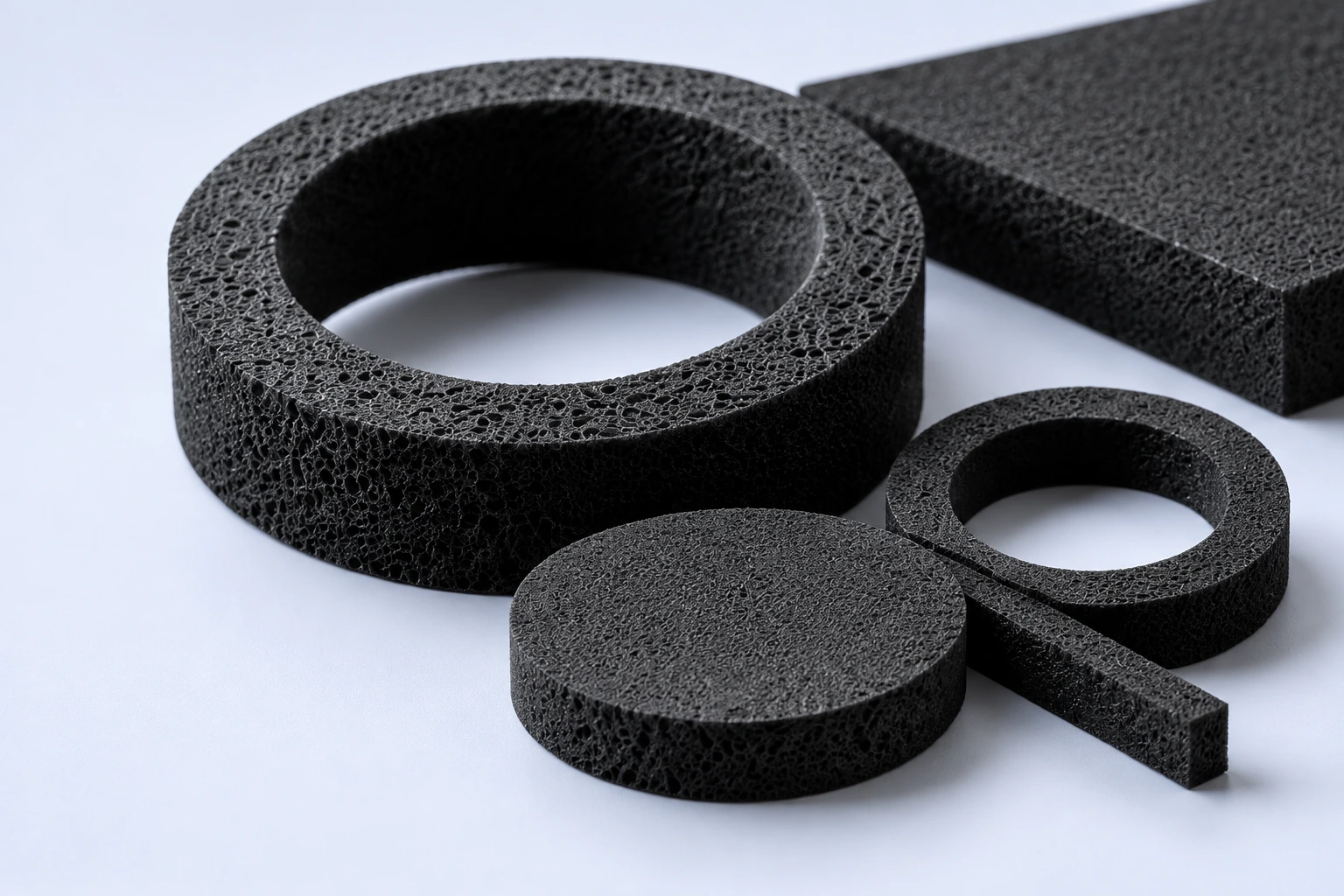 Black foam sealing rings, pads and strip on a pale lavender background