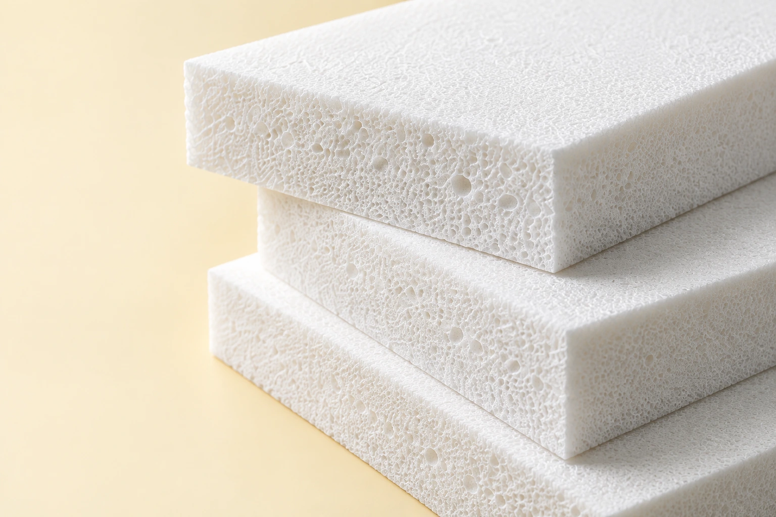Stacked white structural foam sheets on a warm cream background