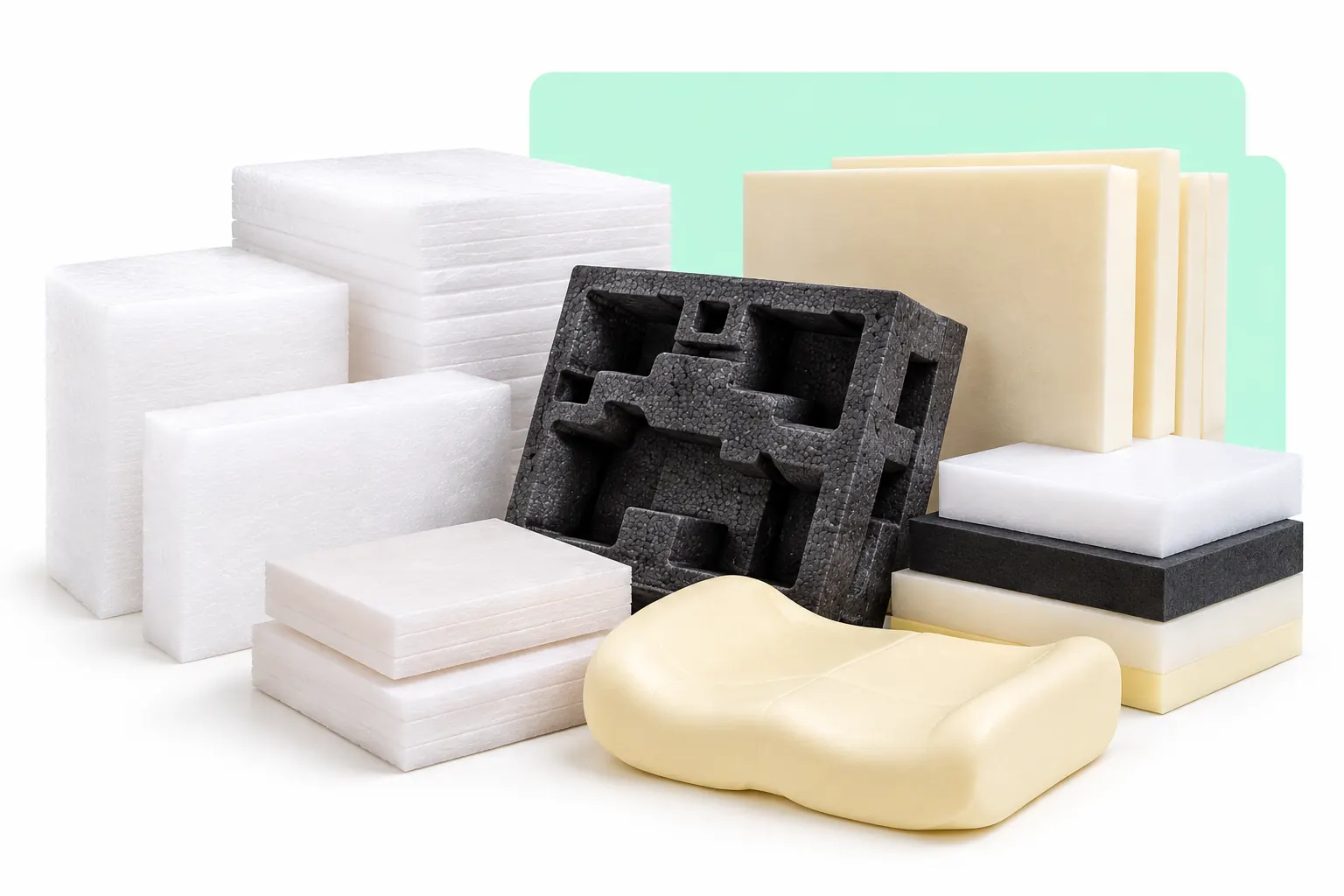 Foam material samples in different shapes and colors