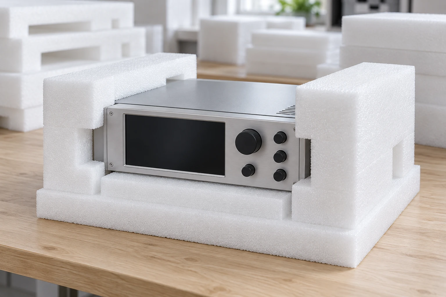 Concept illustration of white EPE foam protecting an electronic instrument