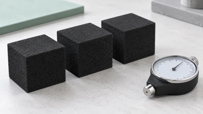 EPDM foam specimens beside a hardness inspection instrument.