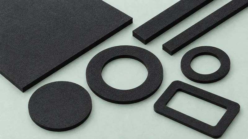 EPDM foam sheets, strips and cut gaskets arranged on a neutral surface.