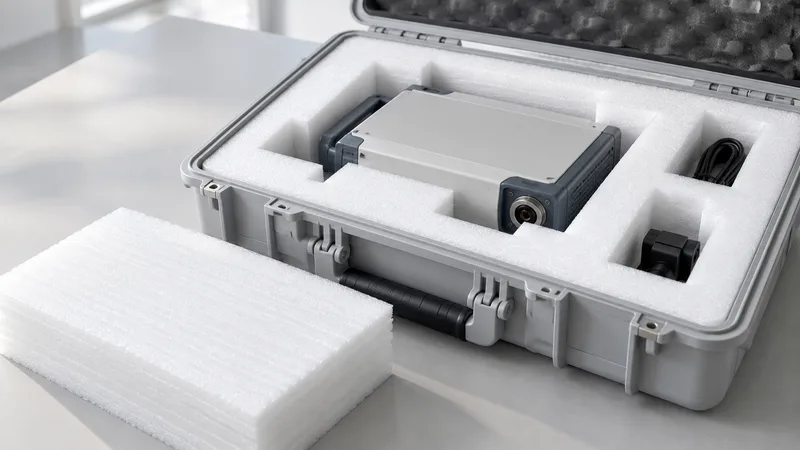 A white EPE insert protecting a precision instrument inside a case.