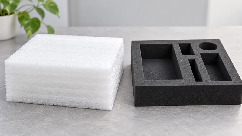White EPE and charcoal EVA protective packaging samples side by side.
