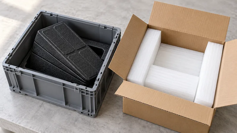 EPP reusable carrier packaging and EPE protective box insert compared visually.