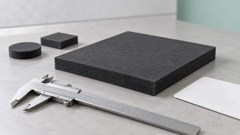 A foam production sample and caliper prepared for an approval discussion.