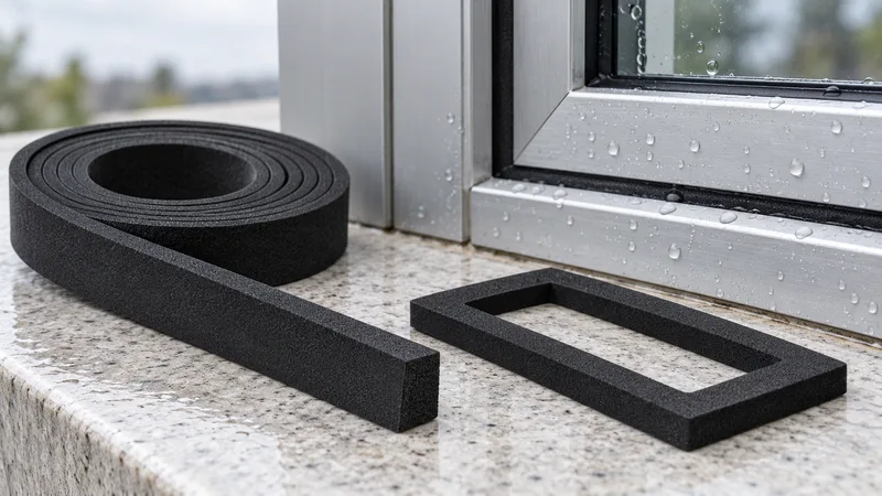 EPDM sealing samples beside an outdoor aluminum frame corner.