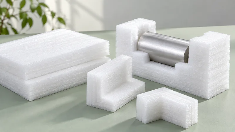 White EPE packaging pieces and a protective cradle for a metal component.