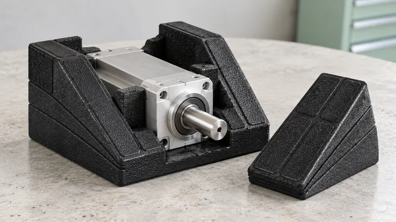 A molded EPP protective cradle and corner support for a metal part.
