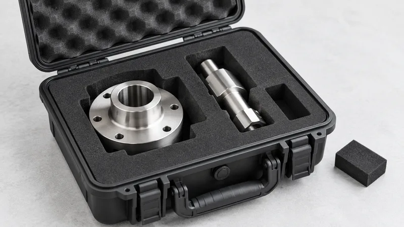 A custom EVA foam insert protecting metal components inside a case.