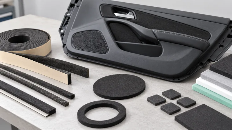 Foam sealing and cushioning samples beside an automotive trim panel.