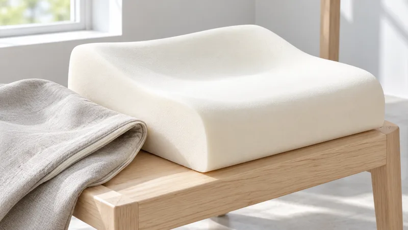 A contoured memory foam seating cushion beside a plain fabric cover.