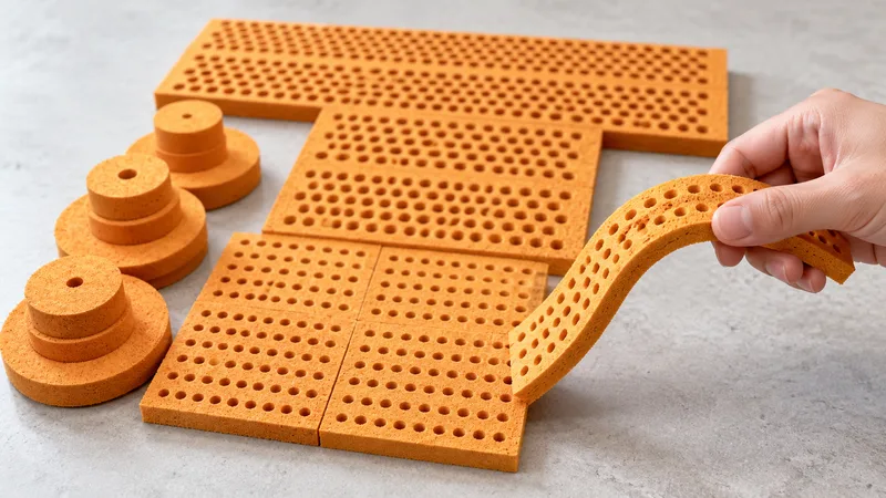 Natural rubber foam cushioning samples and a gently bent strip.