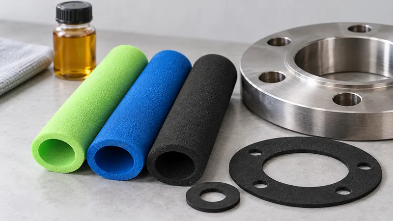 NBR foam sealing samples beside a steel flange and a closed oil sample bottle.