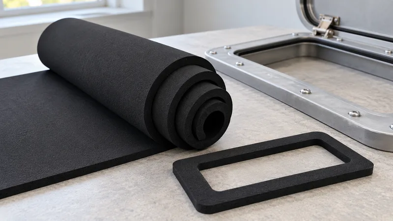 Neoprene foam sealing samples beside a metal hatch frame.