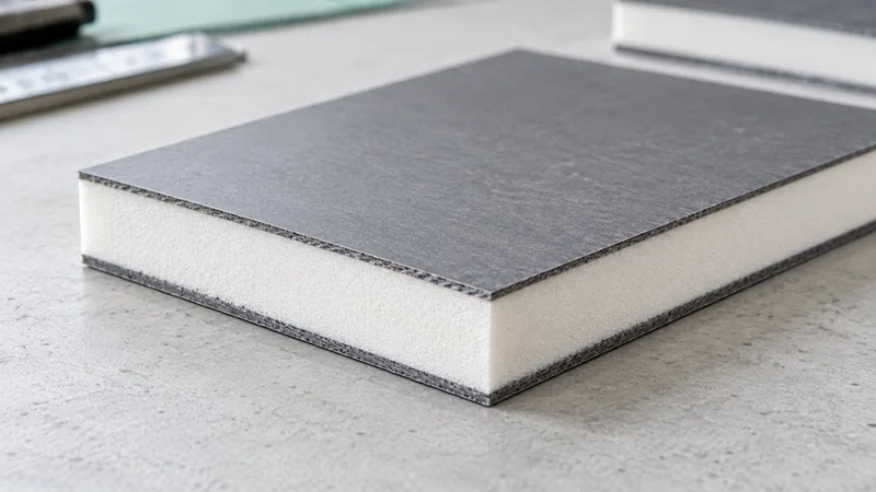 A sandwich-panel sample showing a white PET foam core between outer skins.