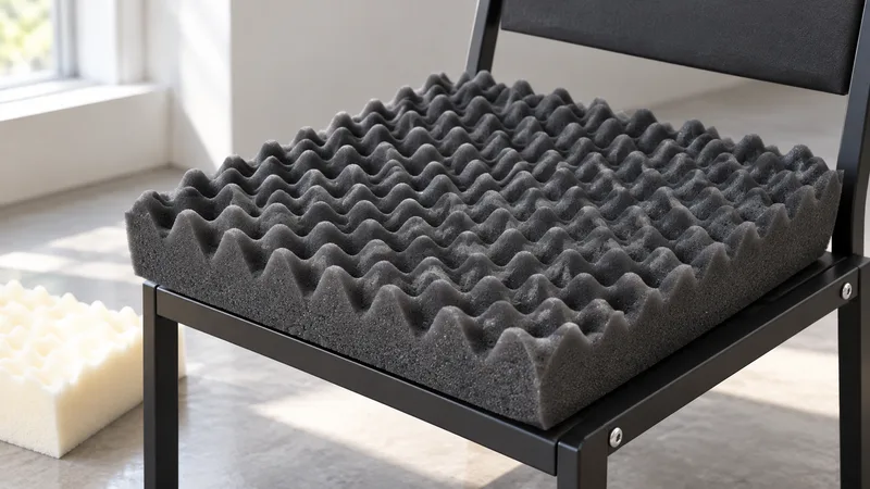 A PU foam seating cushion sample on a simple seat support.