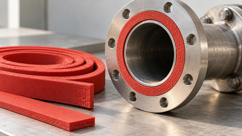 Red silicone foam sealing samples beside a steel pipe flange.