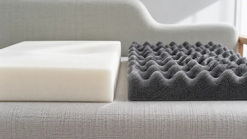 Memory foam and PU seating foam samples shown side by side.