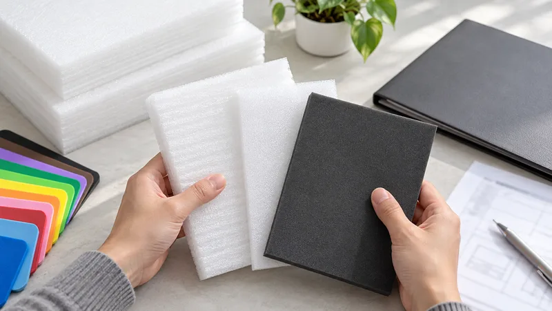 Foam samples and a folder arranged for a supplier profile review.