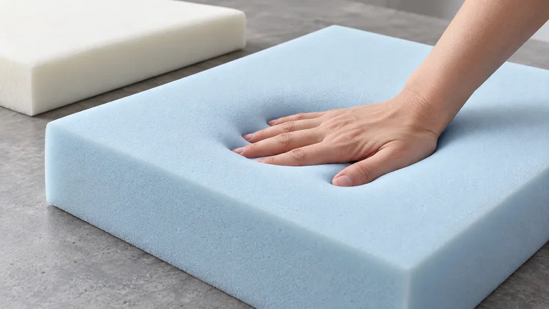 A seating foam cushion being reviewed by gentle hand pressure.