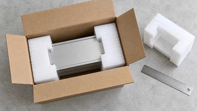 An EPE packaging sample in an open shipping box before release review.