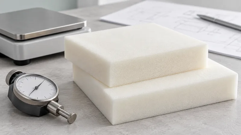 Memory foam specimens beside weighing and hardness review equipment.