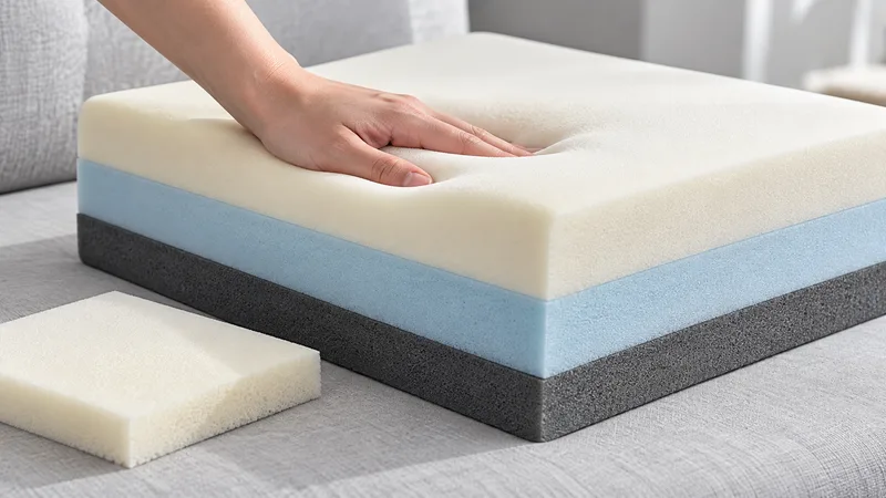 A layered seating cushion sample with its foam layers visible.