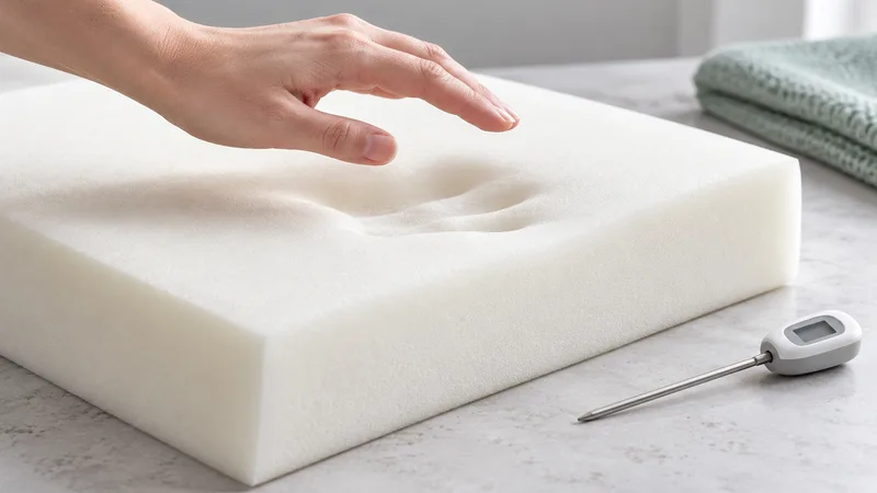 A memory foam sample after light hand pressure, prepared for recovery review.