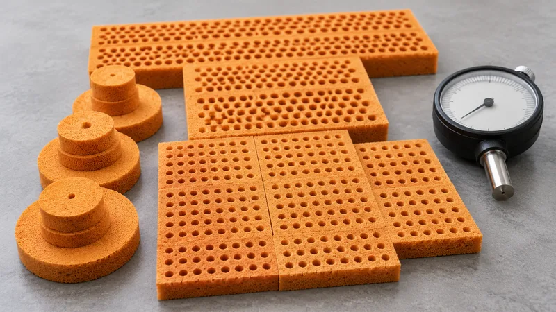 Natural rubber foam specimens beside a hardness review instrument.