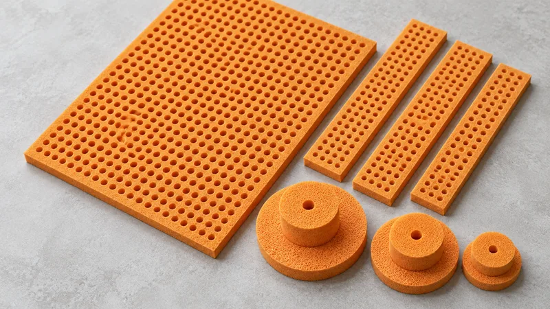 Natural rubber foam sheets, strips and circular cushioning pads.