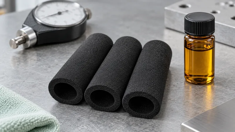NBR sample coupons with oil compatibility and hardness review props.