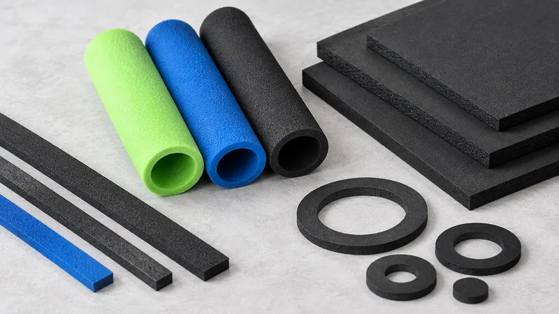 NBR foam sheet, sleeve, strips and gasket samples.