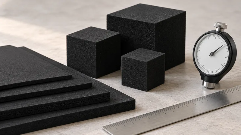 Neoprene foam sample blocks and swatches beside review instruments.