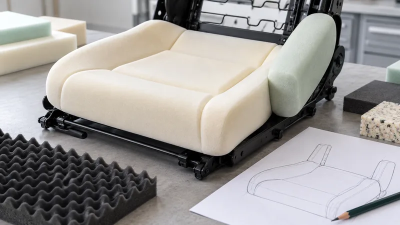 PU foam seating samples beside a support frame and drawing materials.