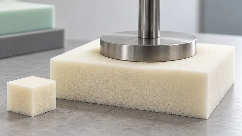 A PU foam cushion specimen in a conceptual indentation review setup.