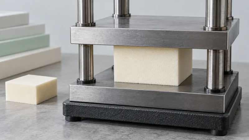 A PVC foam core specimen in a conceptual compression review setup.