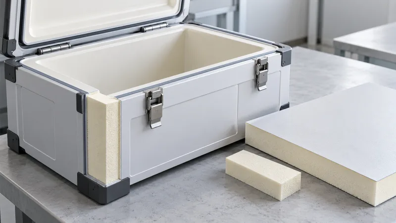 Rigid PU insulation samples beside a cold-chain container concept.
