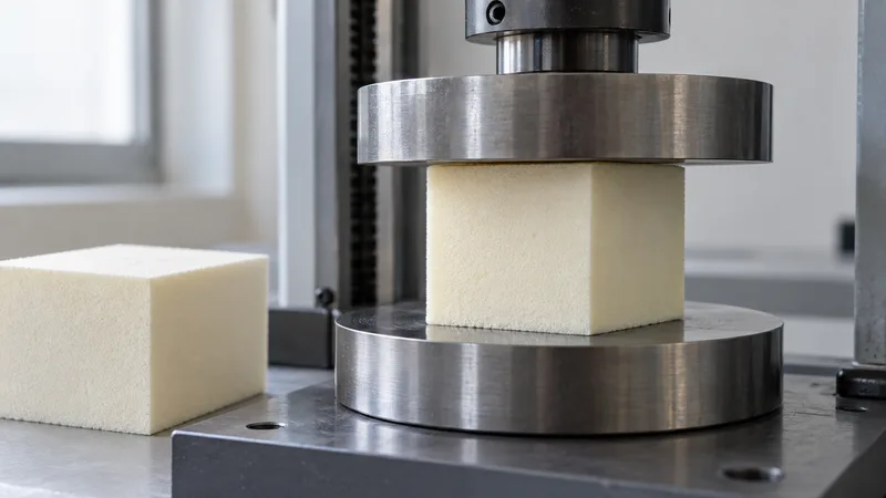 A rigid PU foam specimen in a conceptual compression review setup.