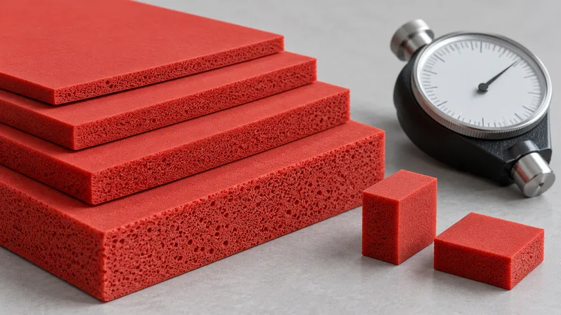Silicone foam swatches and specimens beside a hardness review instrument.