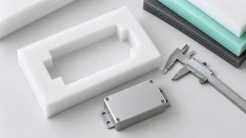 An electronics foam packaging sample arranged for fit and dimension review.