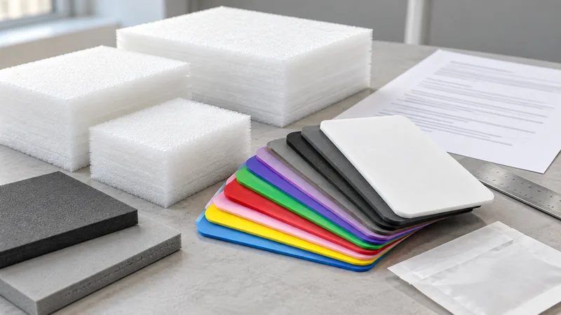 Foam sample pieces, documents and a ruler prepared for material evidence review.